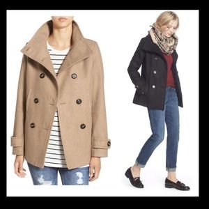 Black double breasted funnel neck pea coat